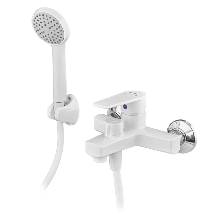 Змішувач для ванни PLAMIX OSCAR-009 EURO SET WHITE (зі шлангом, лійкою та кронштейном) (PM0699)