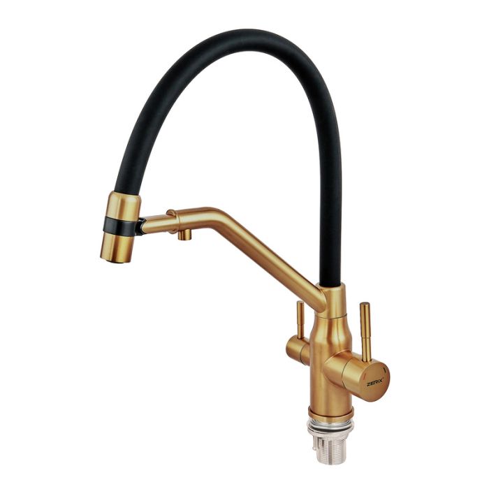 Змішувач для кухні з силіконовим виливом Zerix MAG-021 Brushed Gold Refl.Black з нерж. сталі SUS304 з виходом для пит.води (ZX6007)