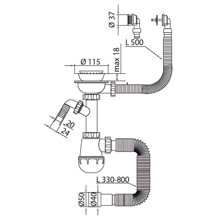 Сифон для кухні Mixxus SK-07-B 3 1/2"x40 з нерж.сіткою, відведенням для пральної машини, гнучким круг. переливом (MI8199)