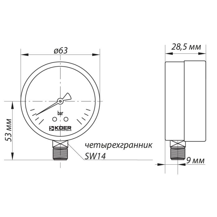 Манометр радіальний (KOER KM.610R) (0-6 bar), D 63мм, 1/4''-1/2'' (KR0204)