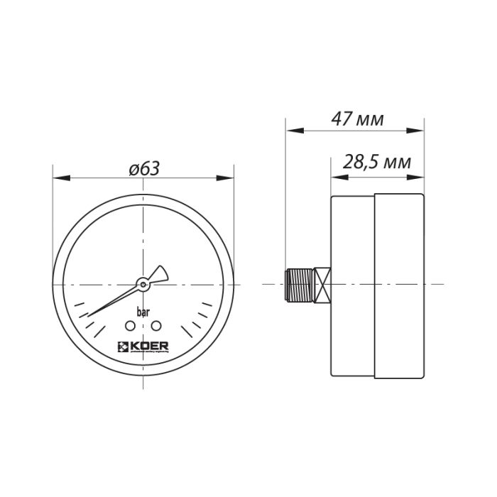 Манометр аксіальний (KOER KM.611A) (0-10 bar), D 63мм, 1/4''-1/2'' (KR0212)