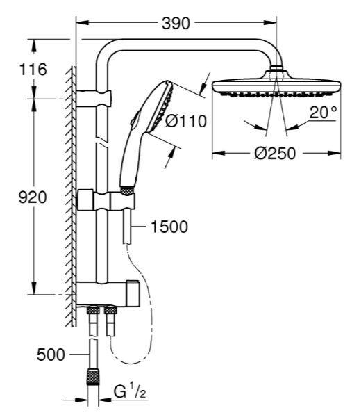 Душова система Flex із перемикачем настінного монтажу Grohe Tempesta System 250 (26675001)