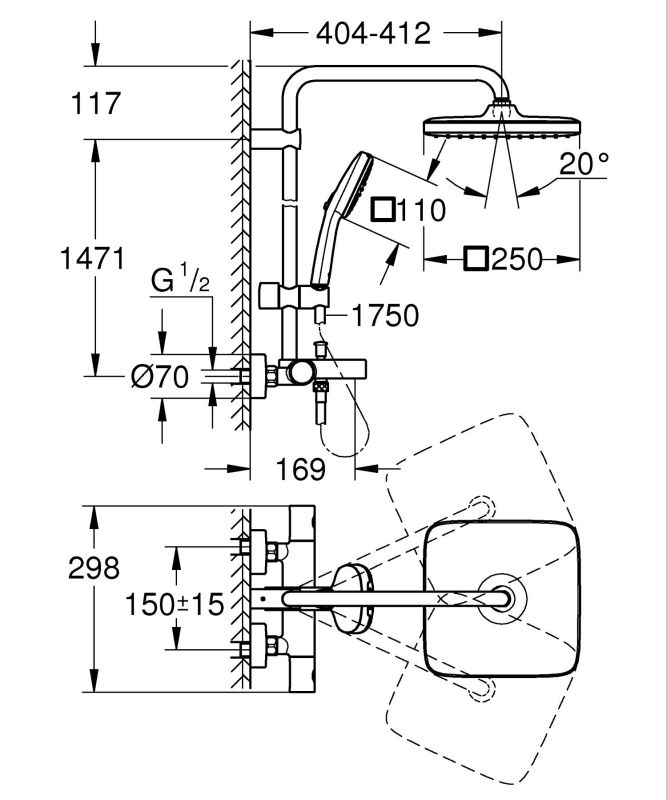 Душова система настінного монтажу з термостатом для ванни Grohe Tempesta System 250 Cube (26691001)