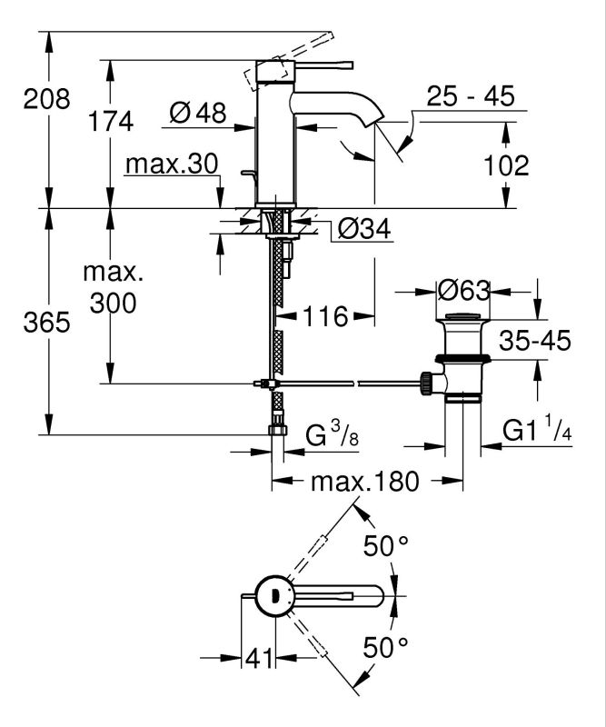 Одноважільний змішувач для раковини 3/8" S-розміру Grohe Essence (24171001)