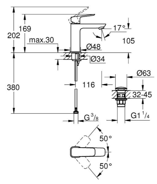Одноважільний змішувач для раковини M-розміру Grohe Cubeo (1017520000)