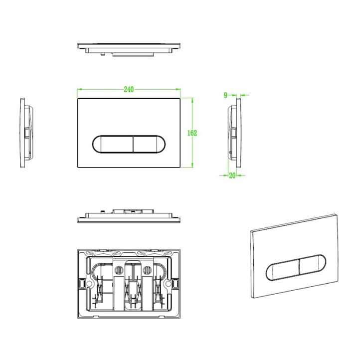 Панель змиву Koer KT-0608-05 240x160x10mm пластикова, кнопка закруглена (колір чорний матовий) (KR6125)