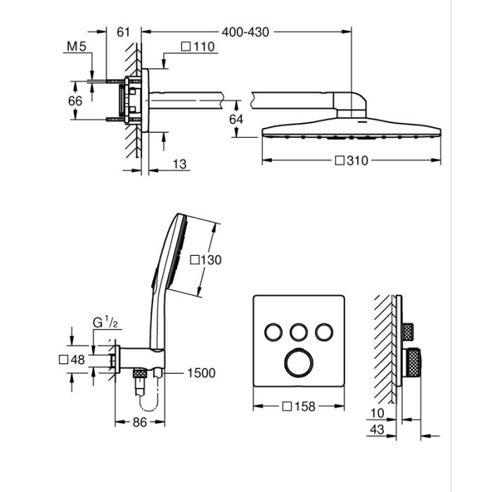 Прихована душова система з RSH SmartActive 310 Cube Grohe Grohtherm SmartControl (1039980000)