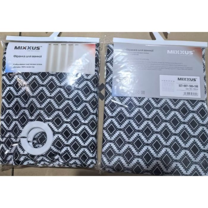 Шторка для ванної Mixxus SCT-007-180x180 з поліестеру із вбудованими кільцями (Візерунок "Соти" чорно-білий) (AC0648)