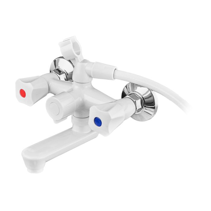 Змішувач для ванни PLAMIX OMEGA-142 EURO SET WHITE (зі шлангом, лійкою та кронштейном) (MX9699)