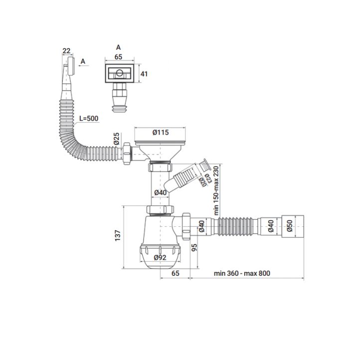 Сифон для кухні Zerix SK-02-B 3 1/2"x40 з різьб. випуском та відведенням для пральної машини (ZX4953)