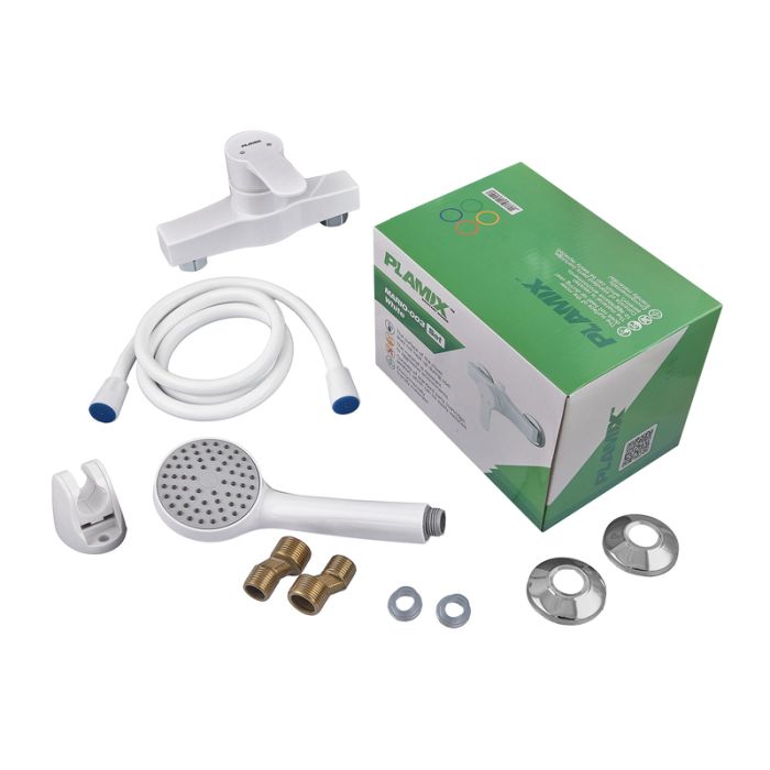 Змішувач для душа PLAMIX MARIO-003 SET WHITE (зі шлангом, лійкою та кронштейном) (MX1894)