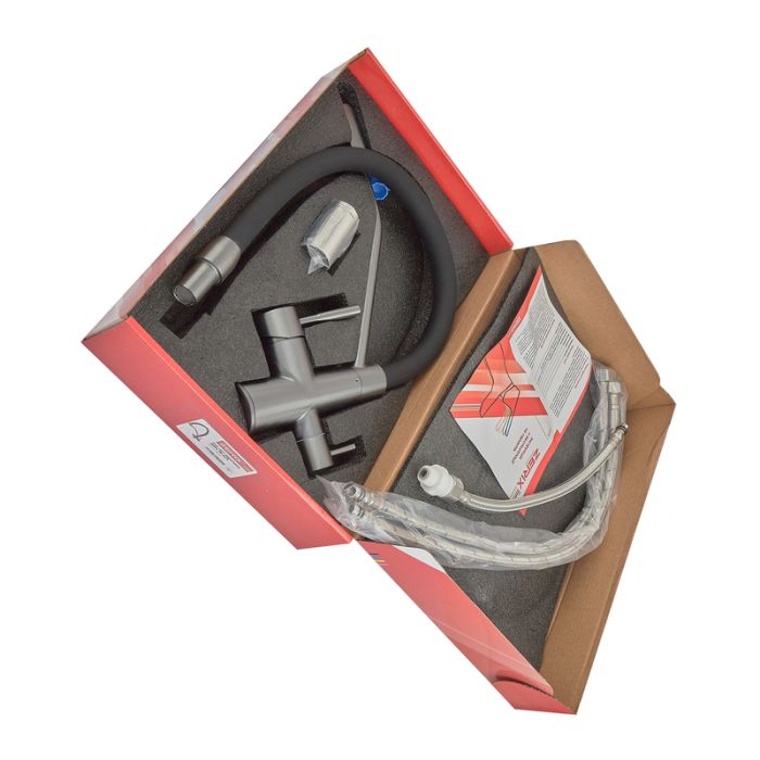 Змішувач для кухні з силіконовим виливом Zerix FUL-021 Graphite Refl.Black з нерж. сталі SUS304 з виходом для пит.води (ZX5999)