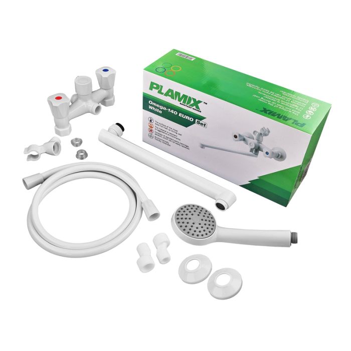 Змішувач для ванни PLAMIX OMEGA-140 EURO SET WHITE (со шлангом, лейкой и кронштейном) (MX9579)