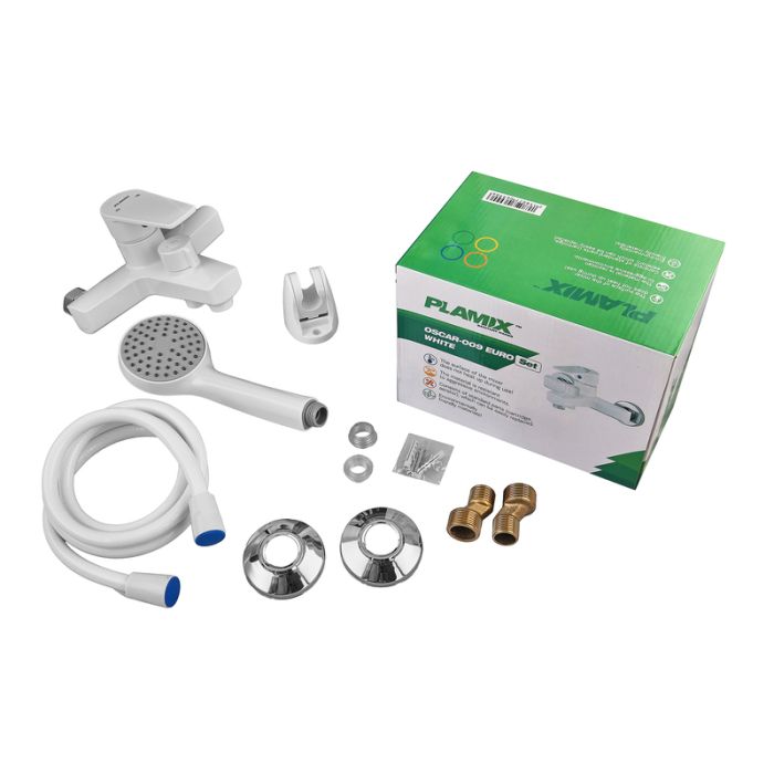 Змішувач для ванни PLAMIX OSCAR-009 EURO SET WHITE (зі шлангом, лійкою та кронштейном) (PM0699)