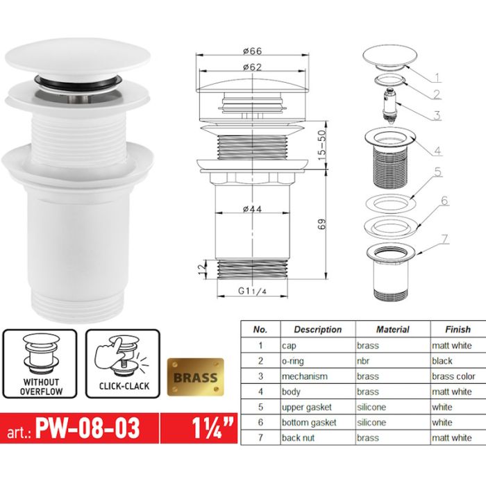 Донний клапан для раковини Koer PW-08-03 1 1/4''  без переливу автоматичнийСLICK-СLACK (Колір білий) (KR5787)