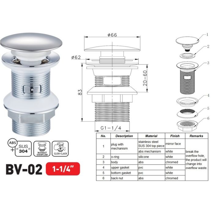Донний клапан для раковини Zerix BV-02 1 1/4''  без переливу автоматичний СLICK-СLACK (Колір хром) (ZX6015)
