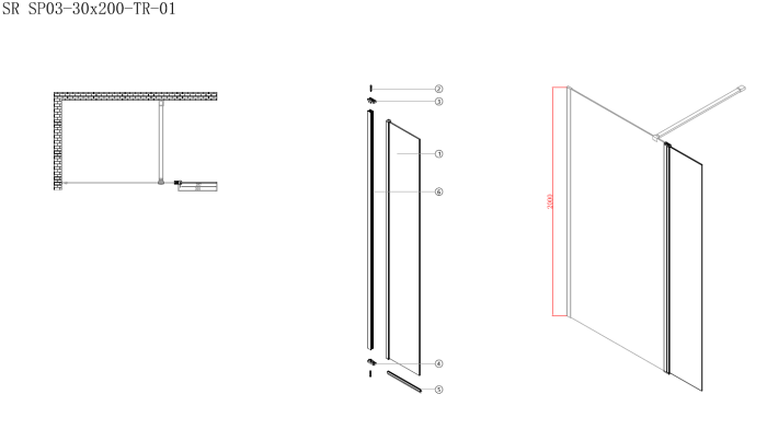 Душова перегородка Koer SR SP03-30x200-TR-01 Walk-In (рух.част) прозоре скло Easy Clean 8мм, хром (KR5399)