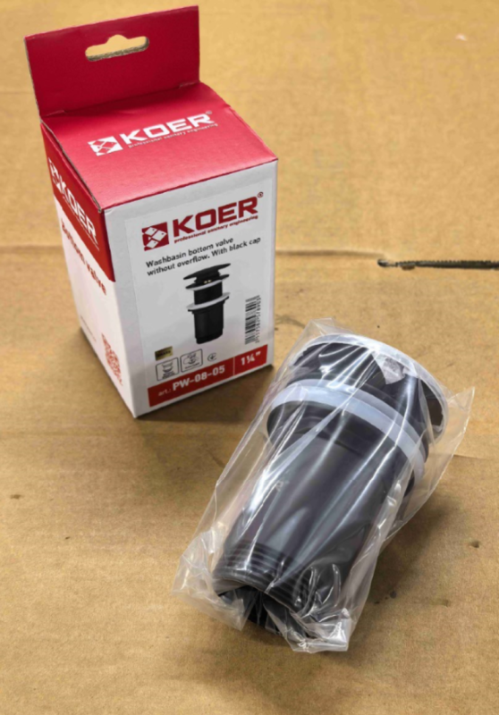 Донний клапан для раковини Koer PW-08-05 1 1/4''  без переливу автоматичний СLICK-СLACK (Колір чорн) (KR5789)